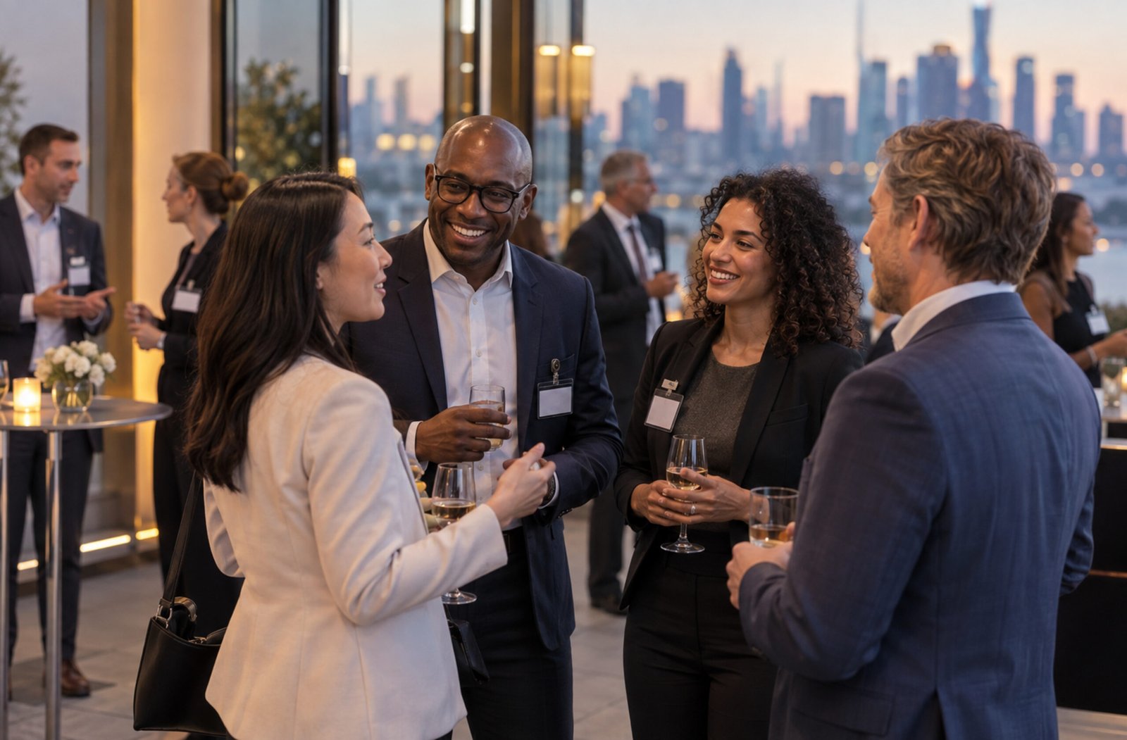 Professionnels discutant lors d'une convention d'affaires B2B pour optimiser le suivi des rendez-vous commerciaux