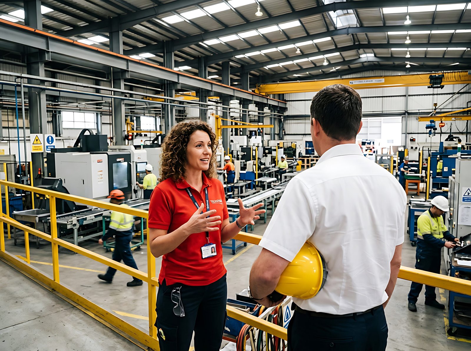 Groupe de clients en visite guidée dans une usine moderne avec équipements de pointe et démonstrations interactives